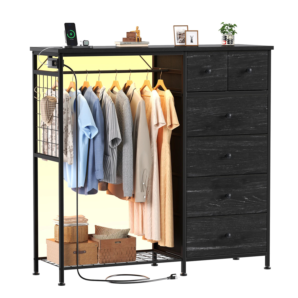 JHK Fabric Dresser With Hanging Rack And LED Charging Station