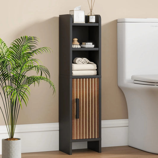 Slim Corner Bathroom Storage Cabinet Wood Fluted Door Adjustable Shelves