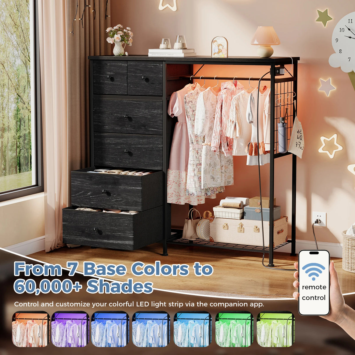 JHK Fabric Dresser With Hanging Rack And LED Charging Station