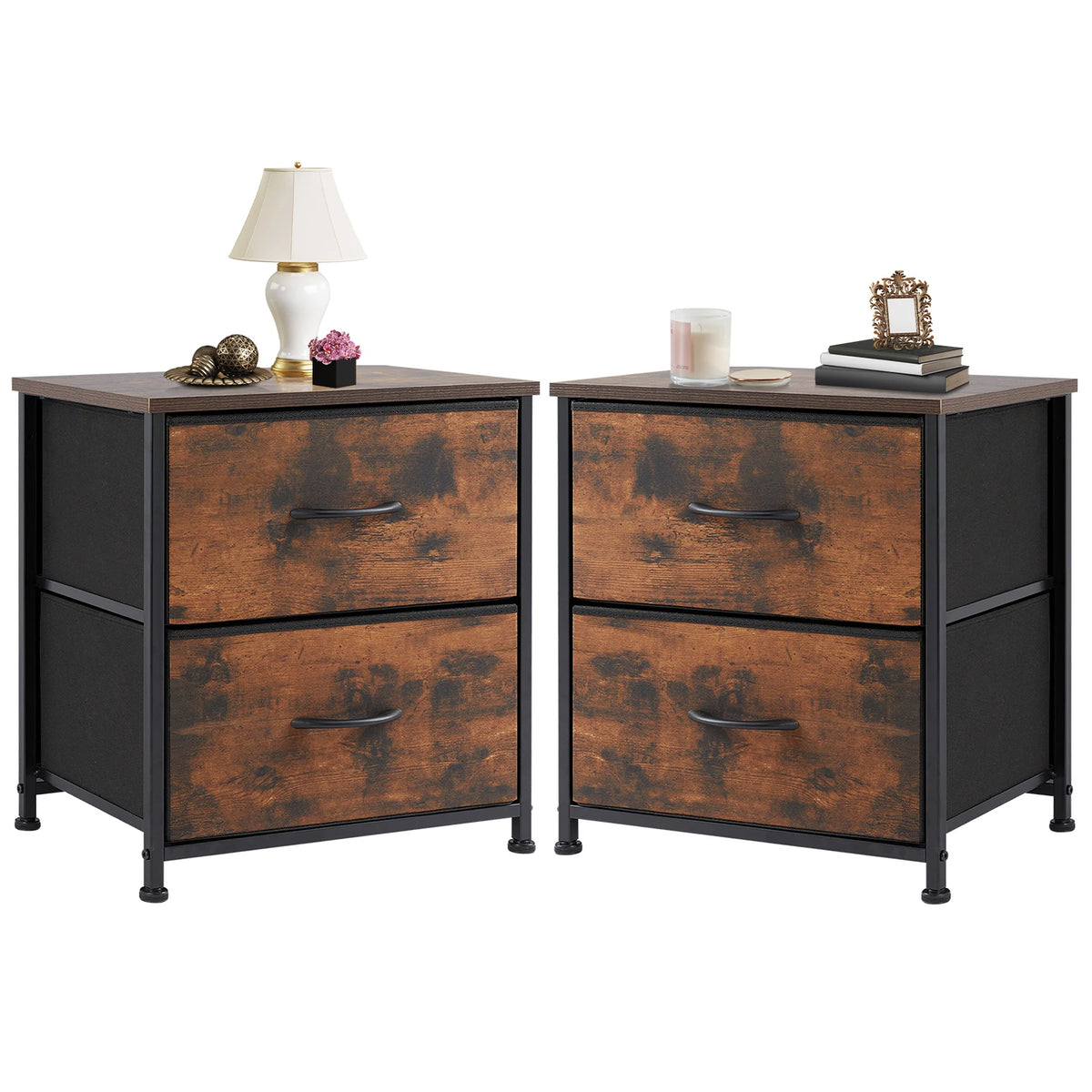 JHK Modern Nightstand With Two Fabric Drawers And Storage Cabinet