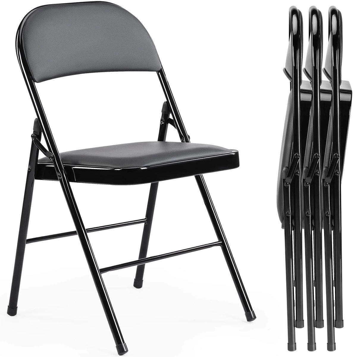 JHK Faux Leather Padded Folding Chair With Sturdy Metal Frame