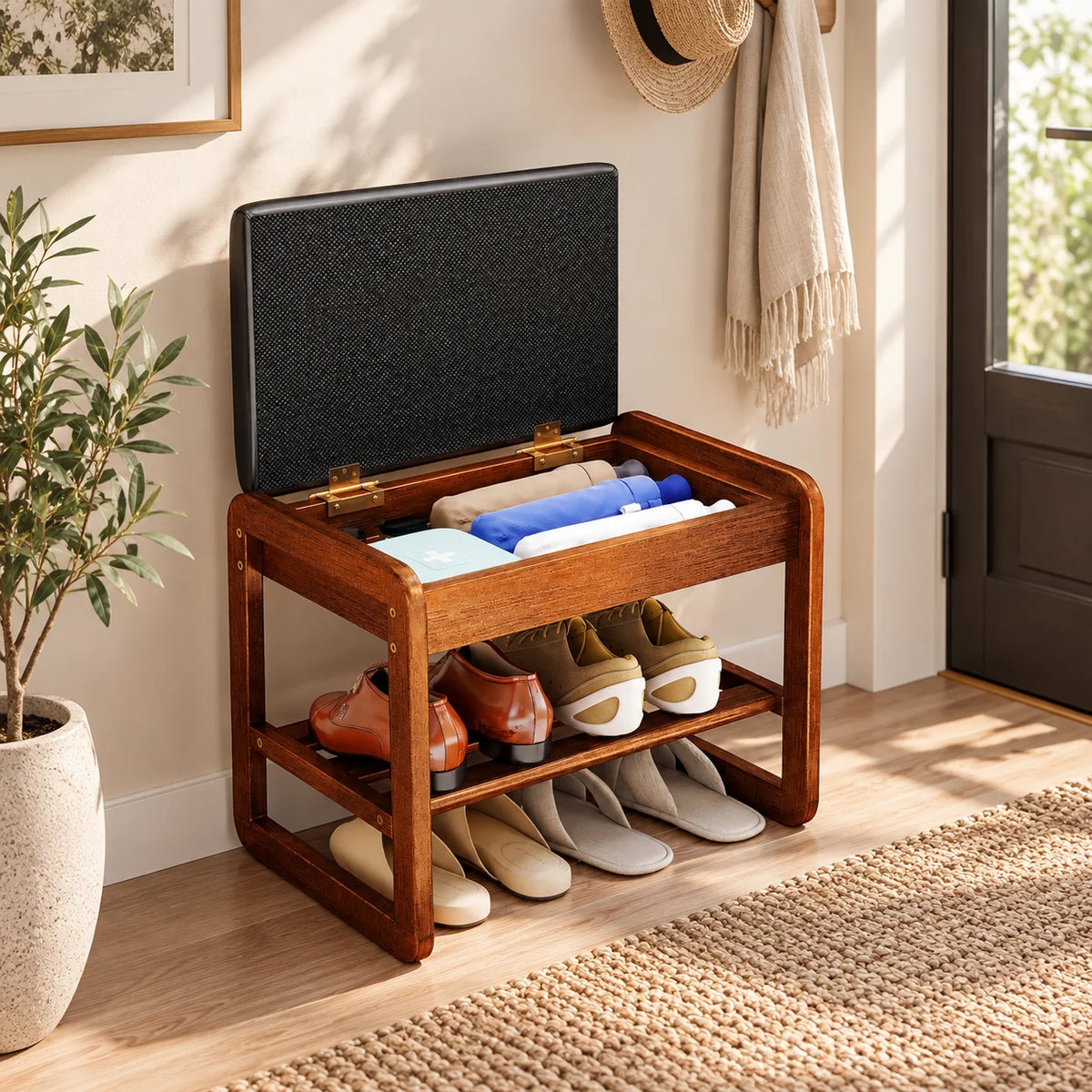 Wooden Shoe Rack Bench With Flip Top Storage And Cushion