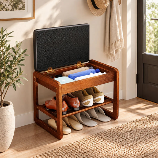 Wooden Shoe Rack Bench With Flip Top Storage And Cushion