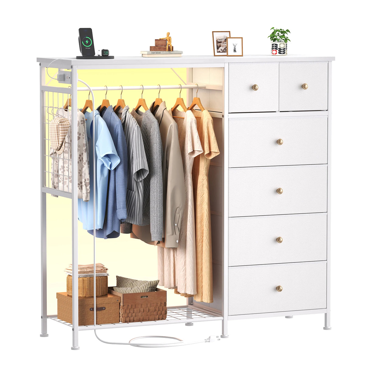 JHK Fabric Dresser With Hanging Rack And LED Charging Station