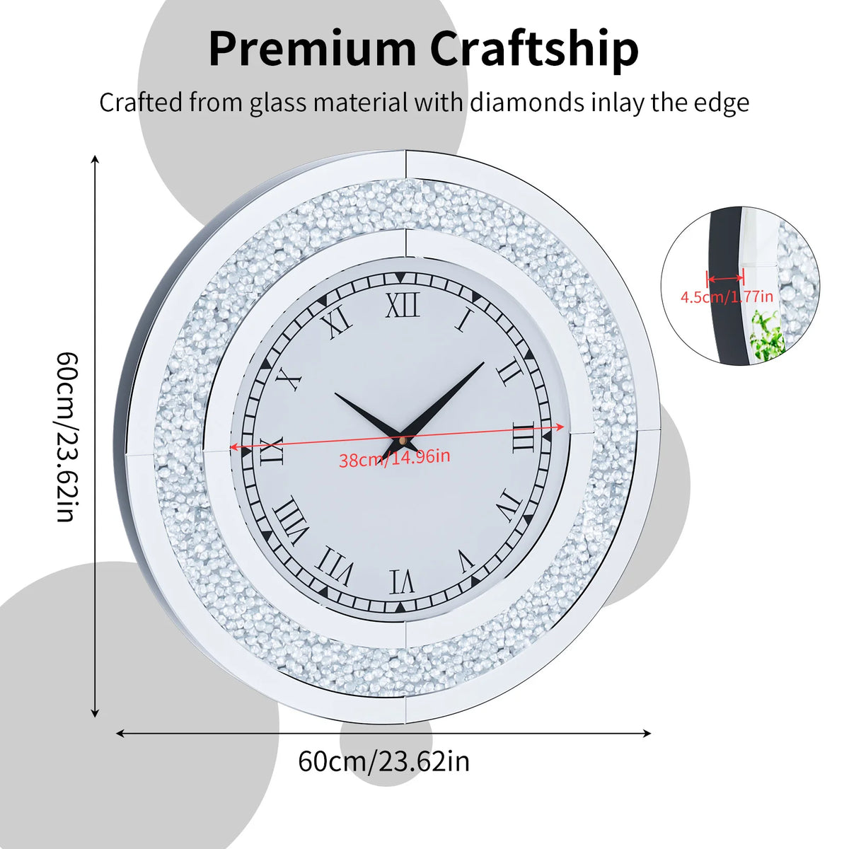 Decorative Crystal Mirrored Wall Clock For Elegant Home Decor