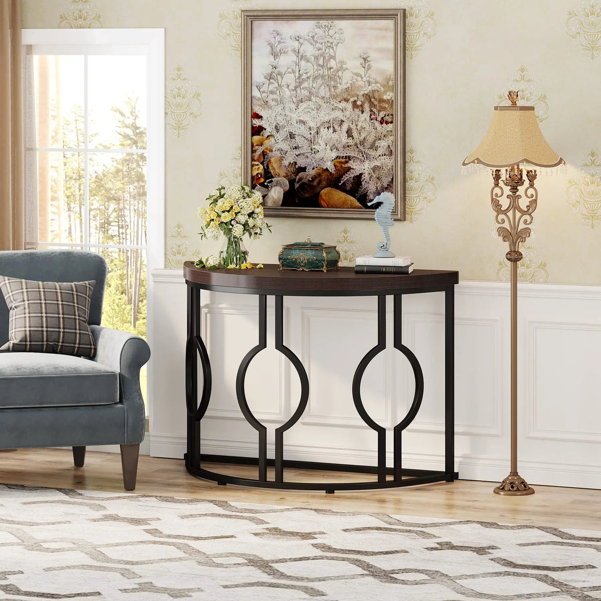Tribesigns Industrial Half Moon Console Table With Geometric Base
