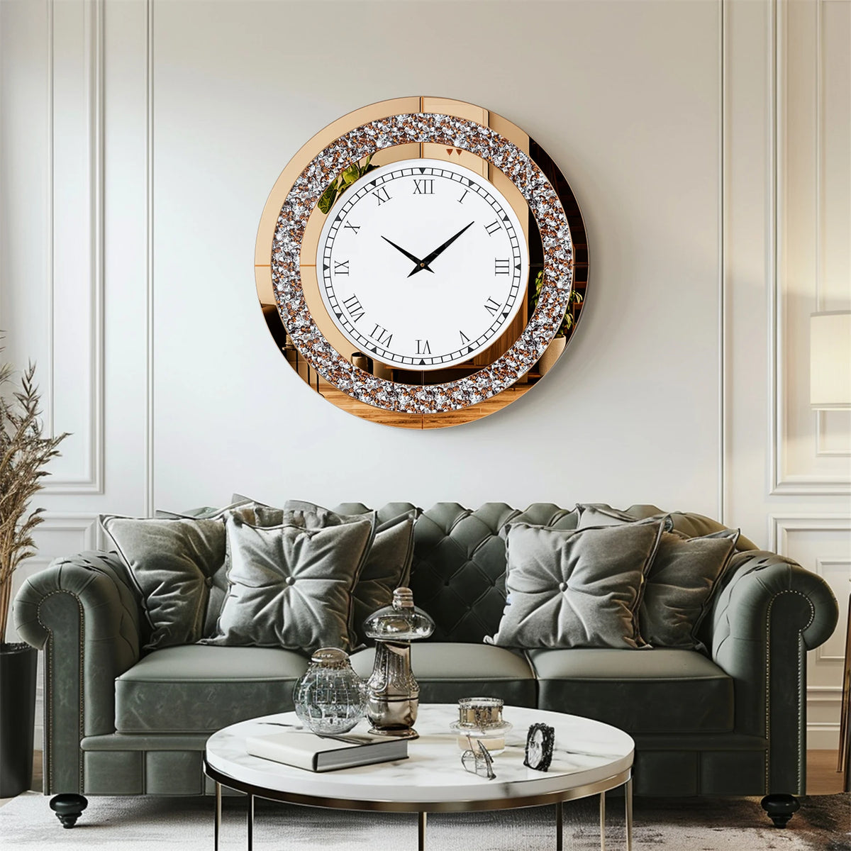 Decorative Crystal Mirrored Wall Clock For Elegant Home Decor