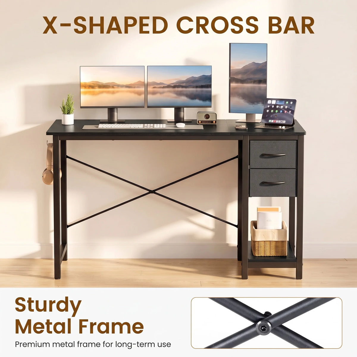 MCQ Standing Office Computer Desk With Drawers And Side Hook