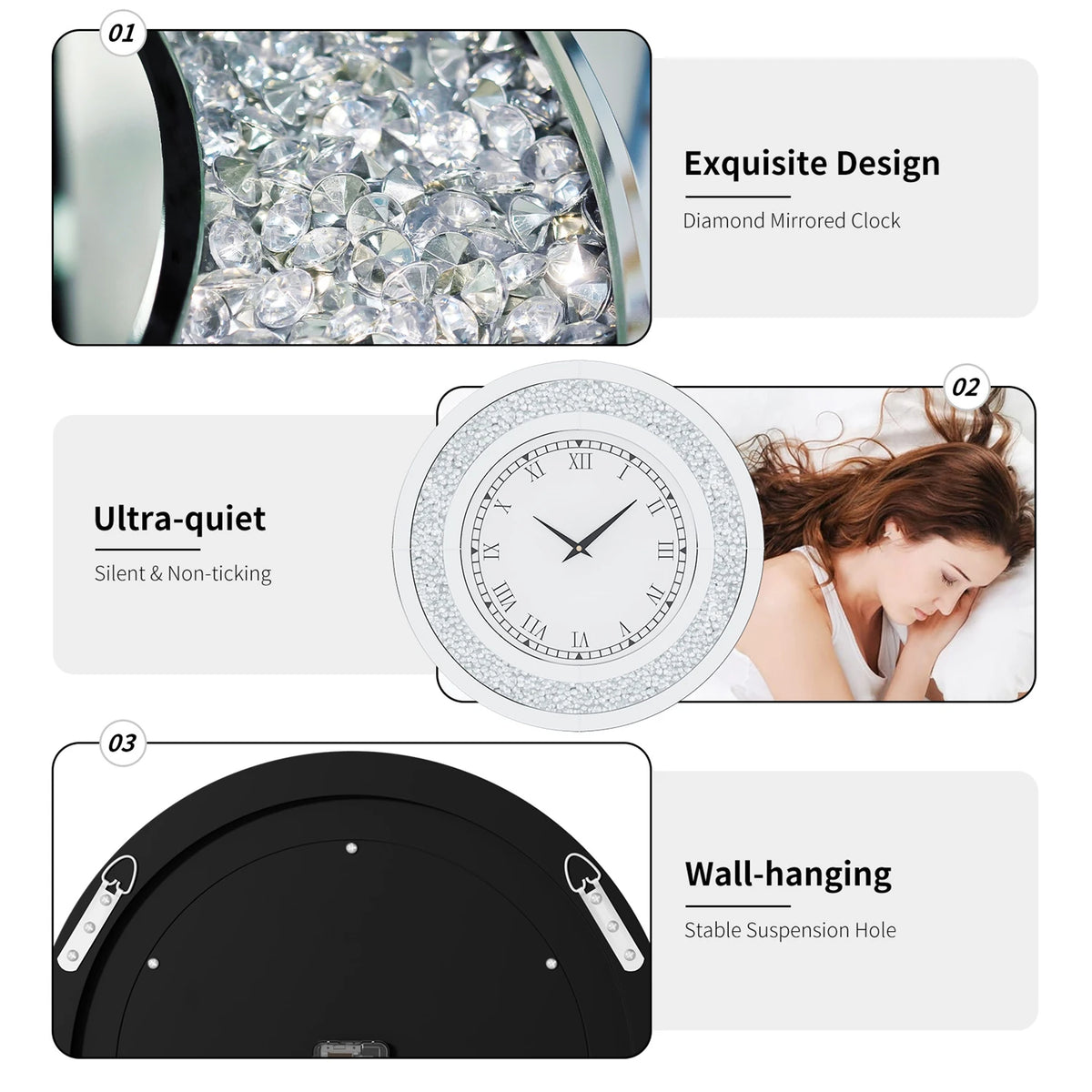 Decorative Crystal Mirrored Wall Clock For Elegant Home Decor