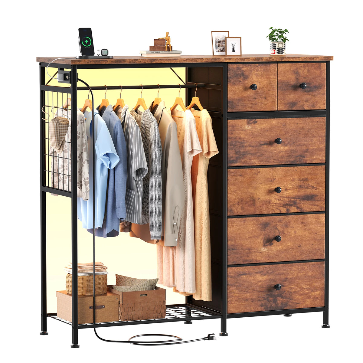 JHK Fabric Dresser With Hanging Rack And LED Charging Station