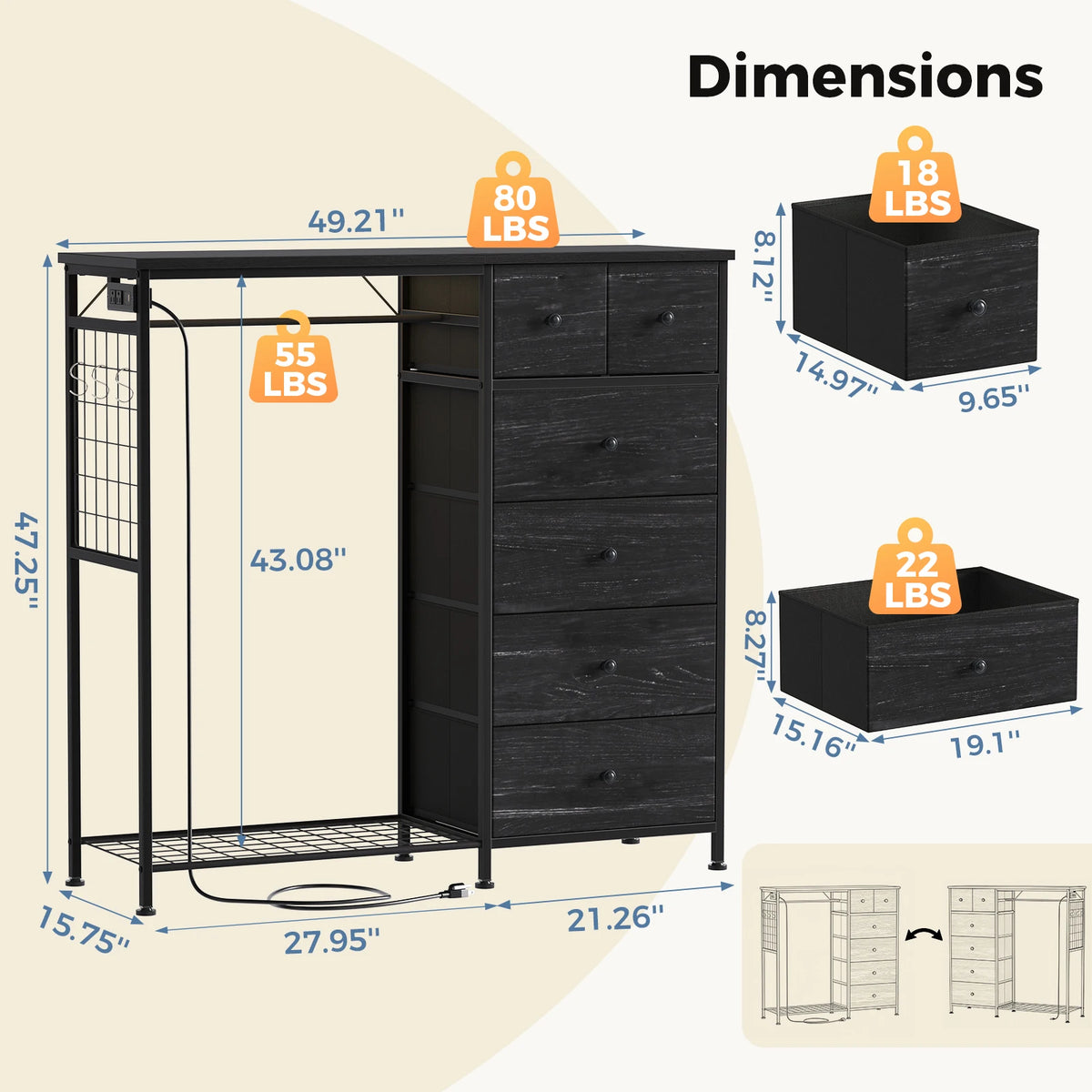 JHK Fabric Dresser With Hanging Rack And LED Charging Station