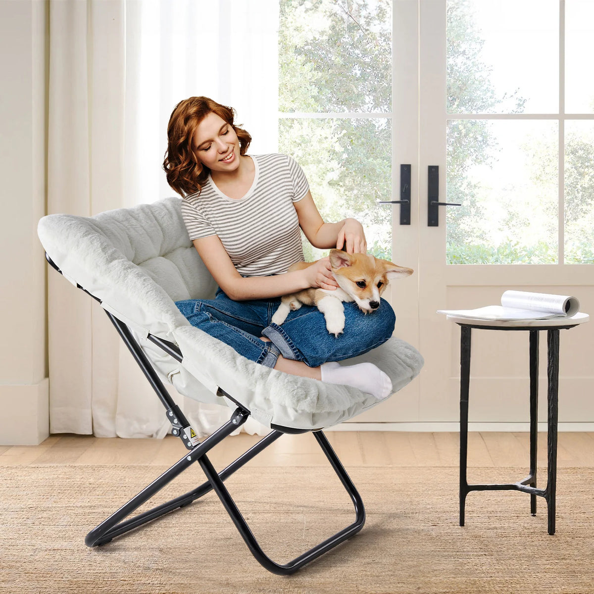 JHK Cozy Faux Fur Folding Saucer Chair For Comfortable Lounging