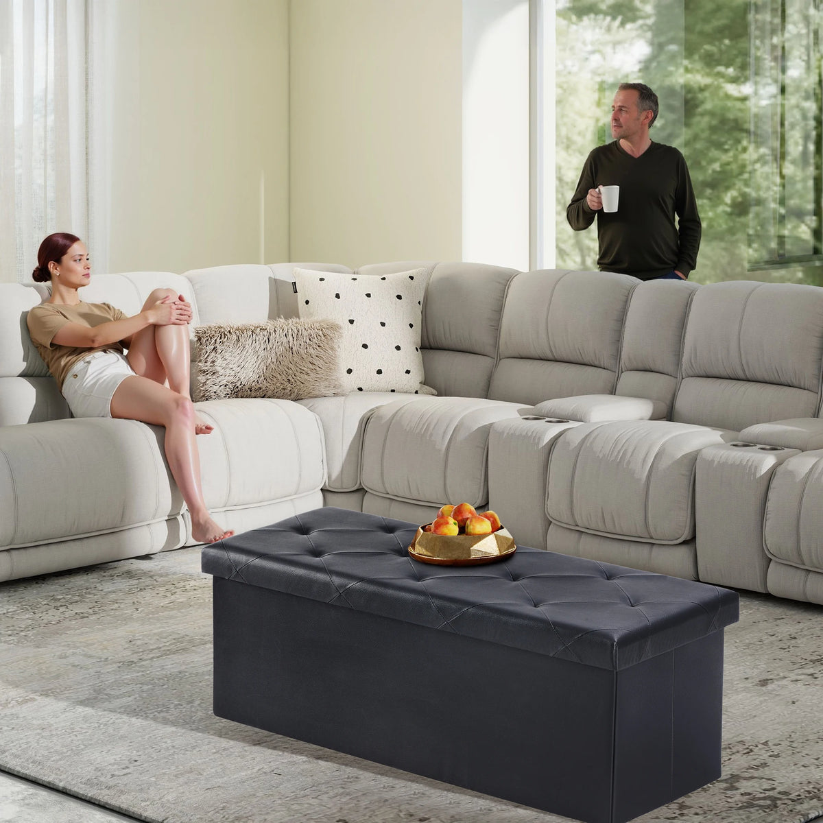 JHK Leather Storage Ottoman Bench With Convenient Footrest