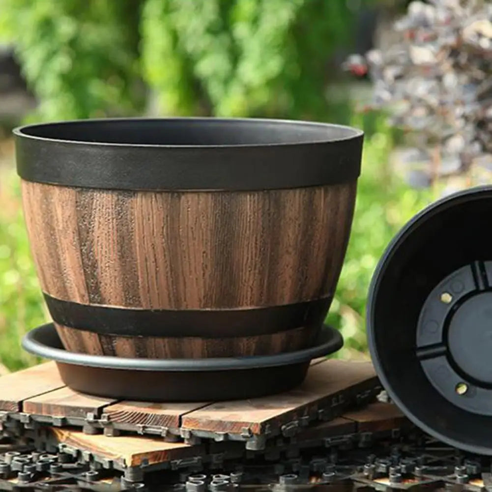 Rustic Farmhouse Whiskey Barrel Planter Faux Wooden Plastic Flower Pot