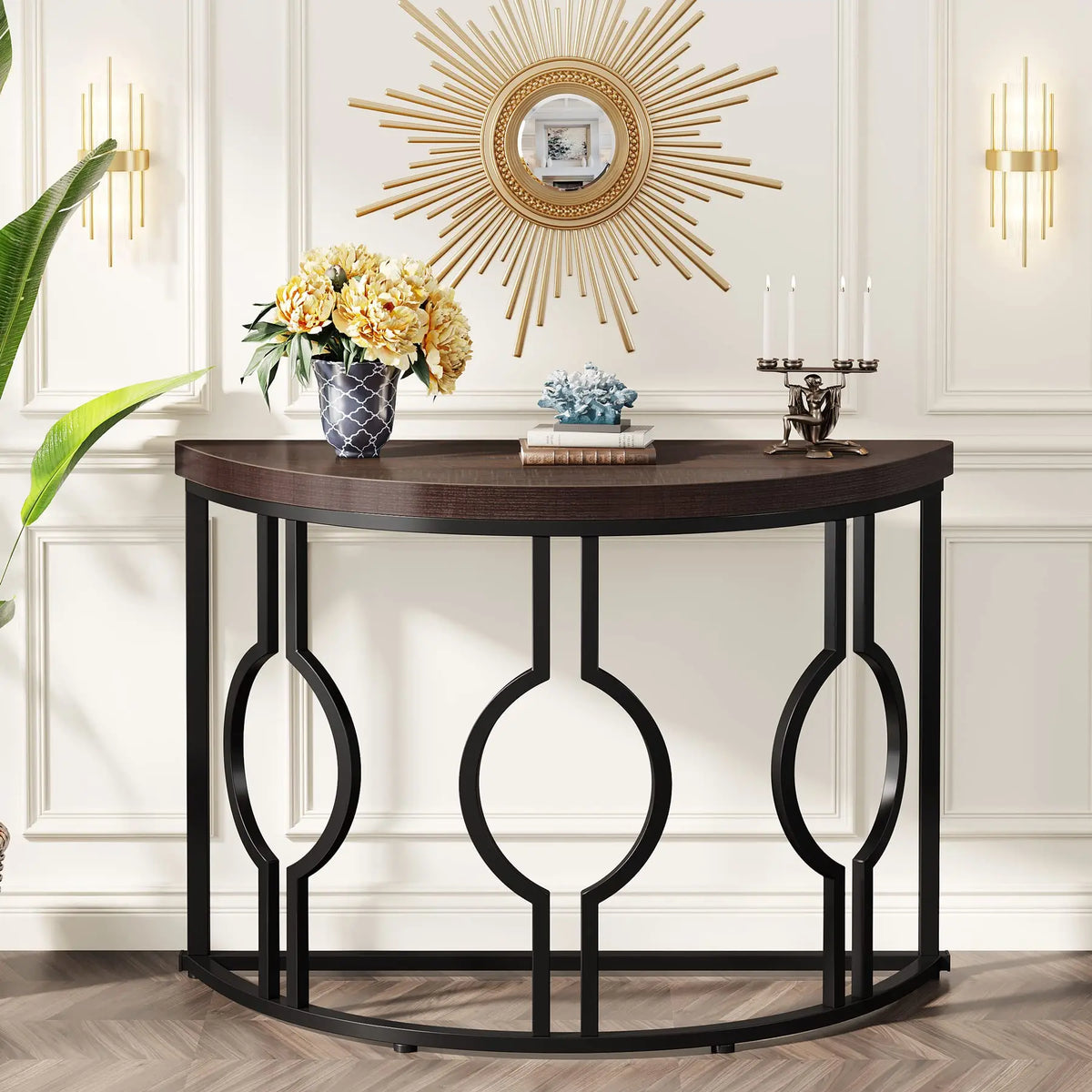 Tribesigns Industrial Half Moon Console Table With Geometric Base For Entryway