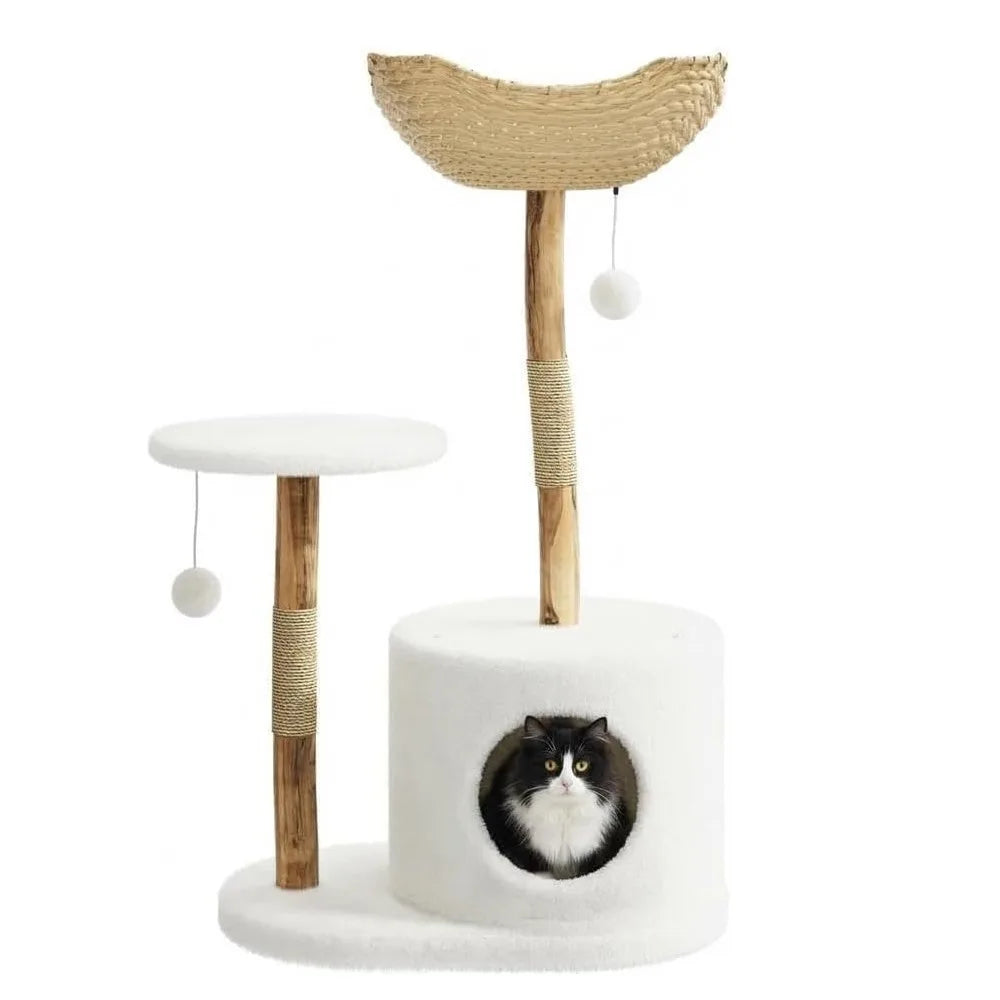 Wooden Cat Tree Tower With Rattan Multi-Level Activity Center