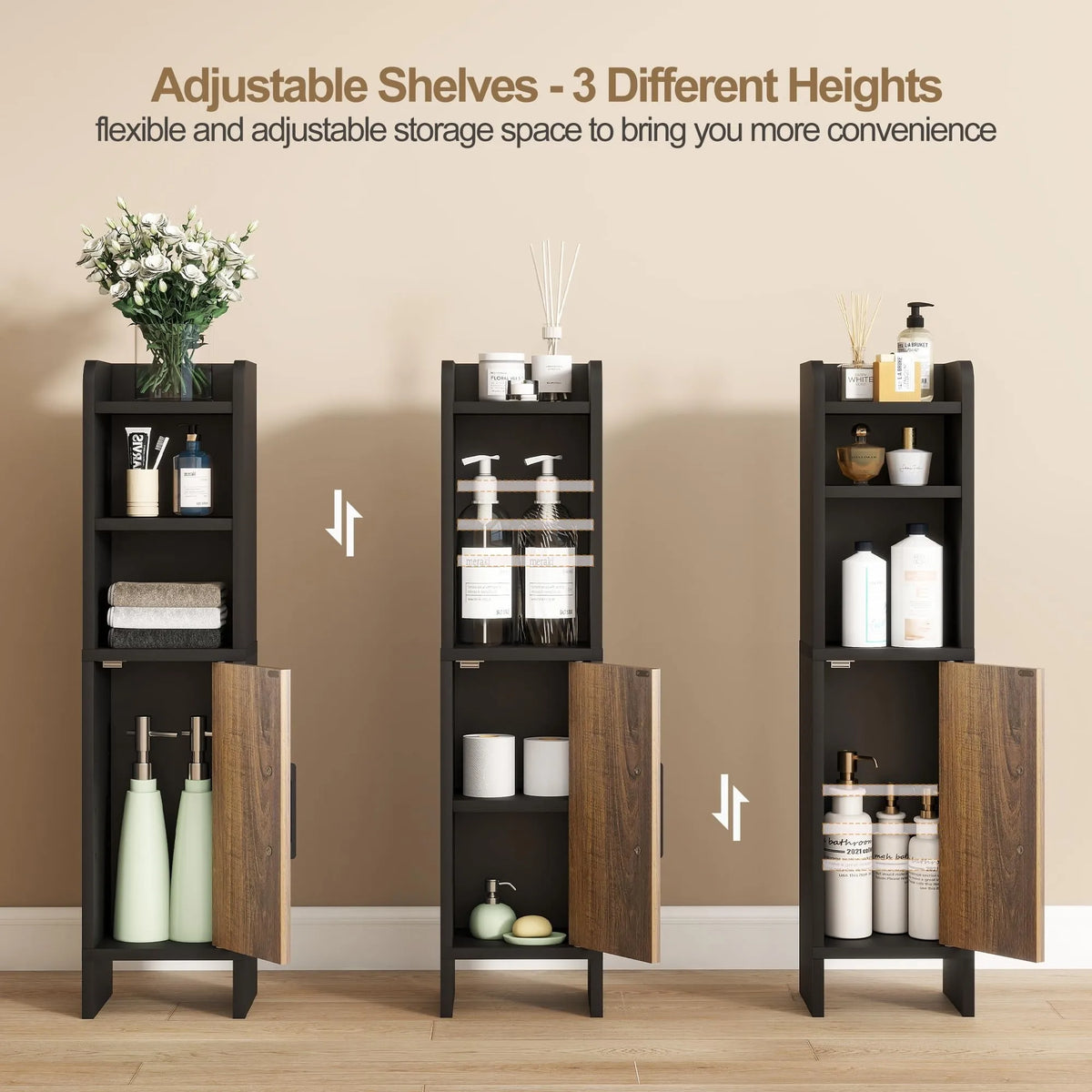 Slim Corner Bathroom Storage Cabinet Wood Fluted Door Adjustable Shelves