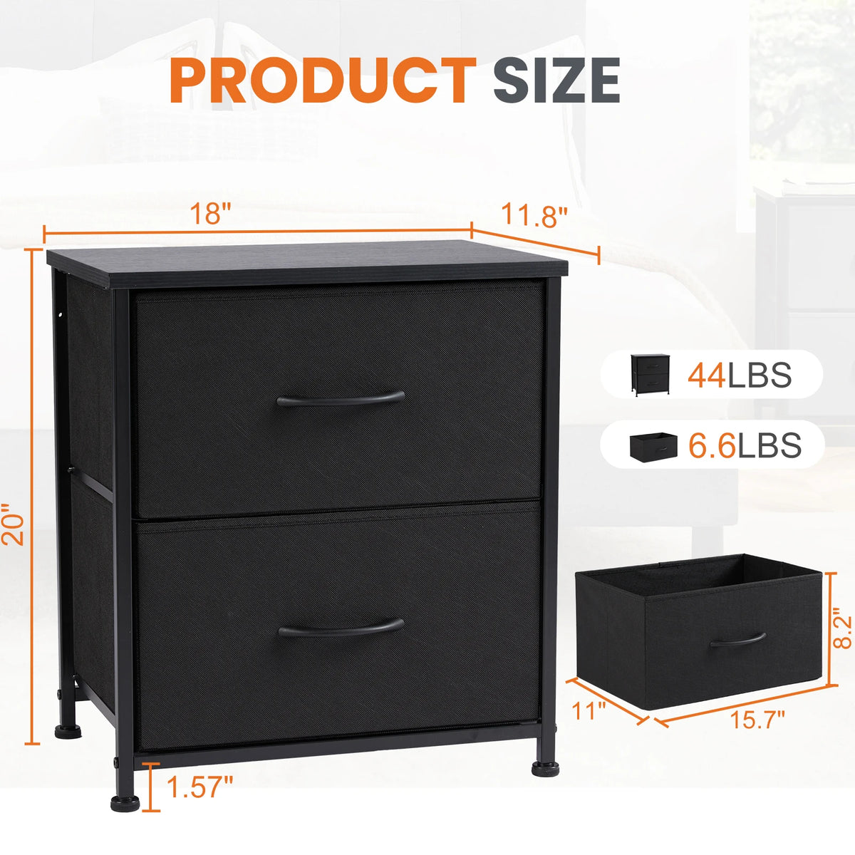 JHK Modern Nightstand Cabinet With Two Fabric Drawers
