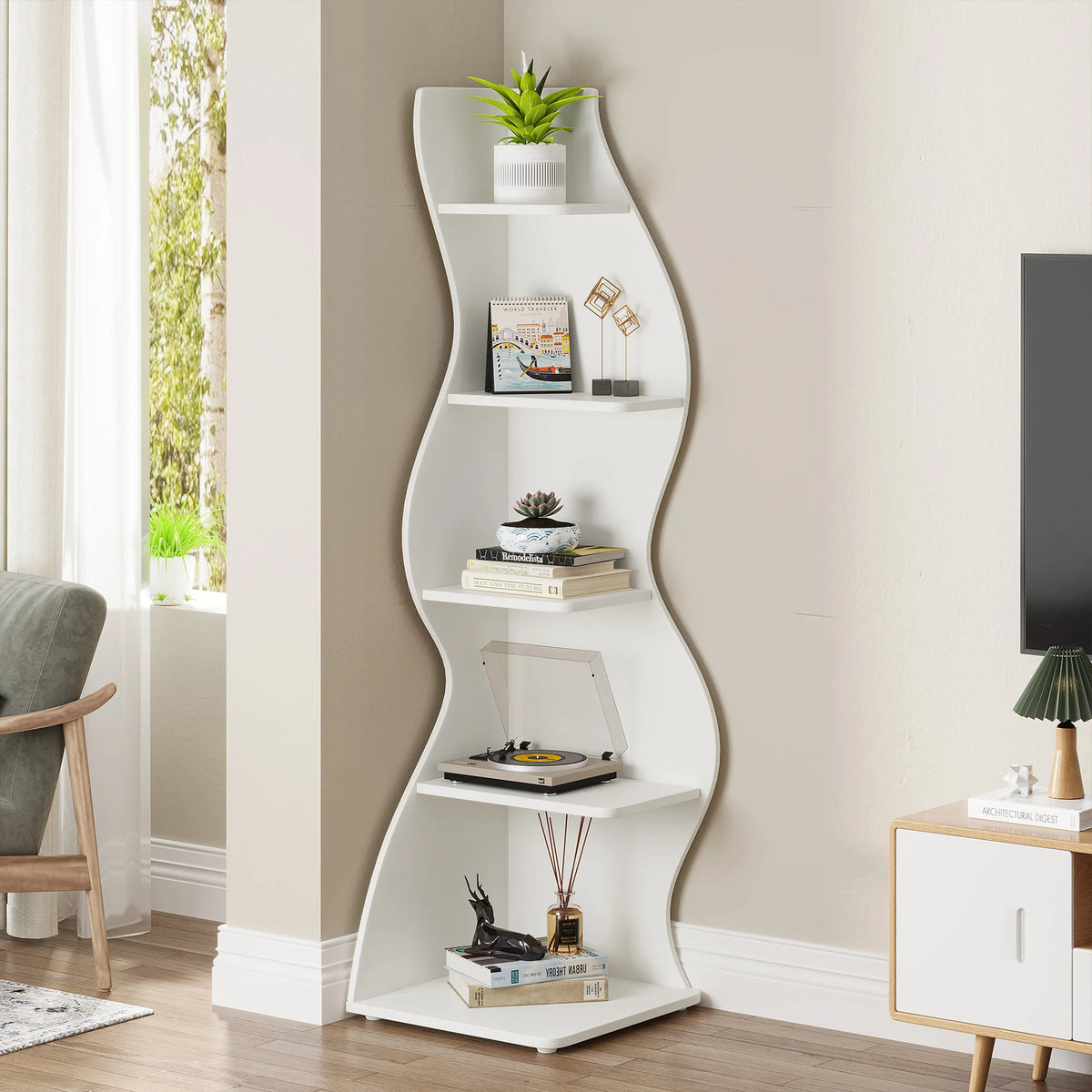 Tribesigns Modern Five Tier Corner Shelf Wall Storage Bookcase