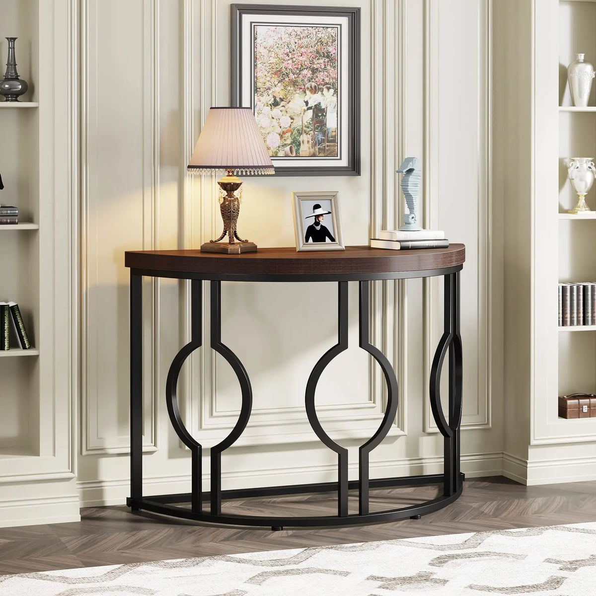Tribesigns Industrial Half Moon Console Table With Geometric Base For Entryway