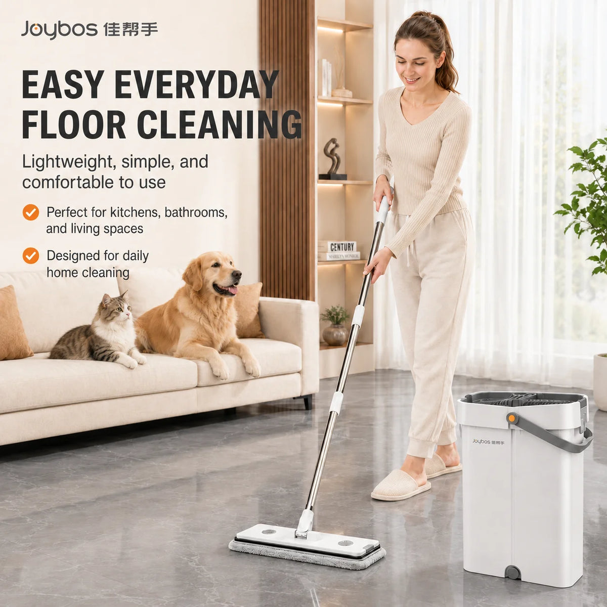 Joybos Flat Mop And Bucket System With Microfiber Pads