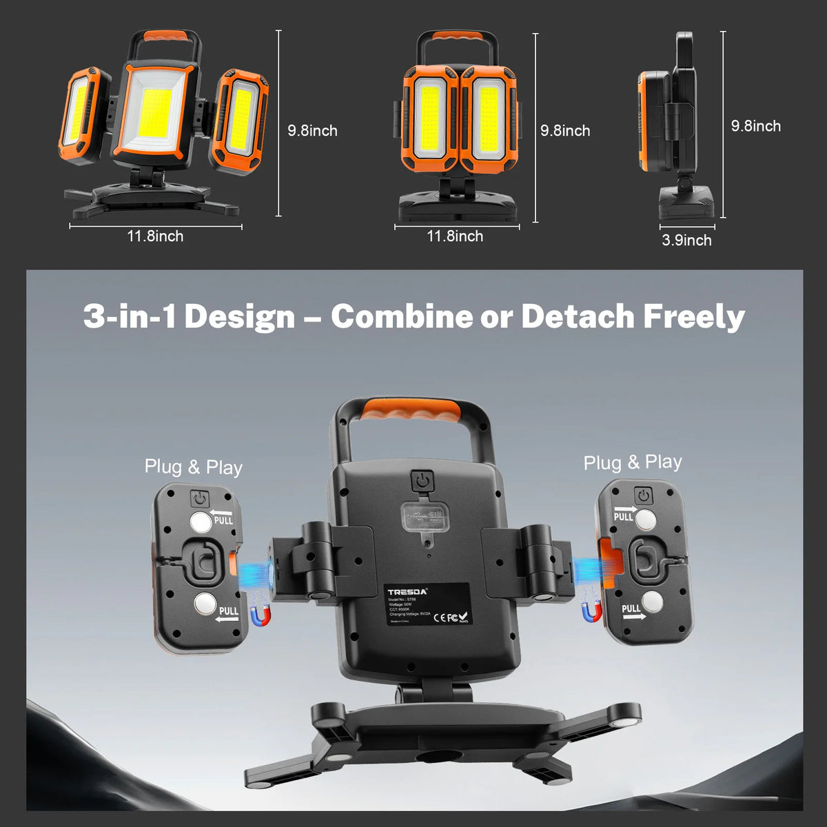 MIXJOY Modular Rechargeable LED Work Light With Magnetic Base Hooks