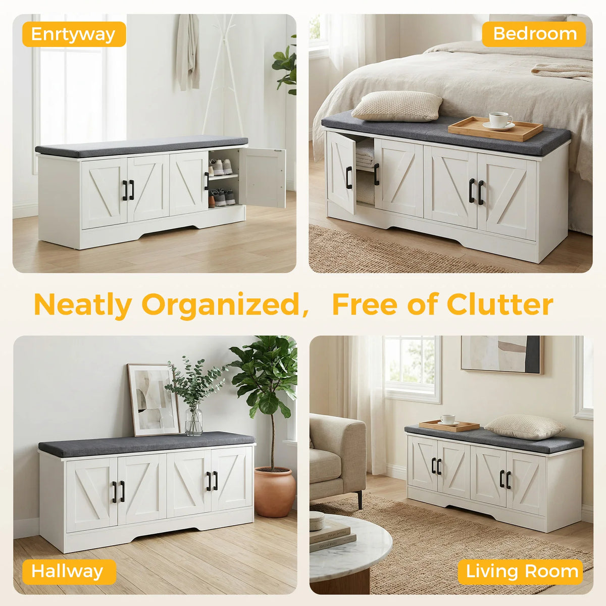 JHK Storage Bench Shoe Organizer Cabinet With Padded Seat Cushion