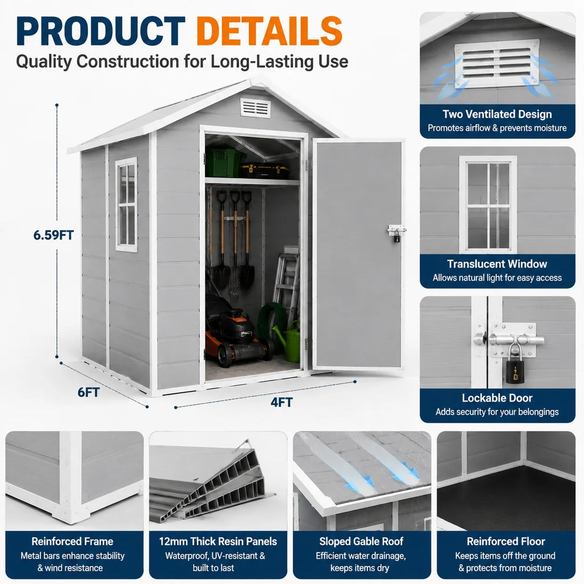 Waterproof Outdoor Storage Shed With Floor And Lockable Door