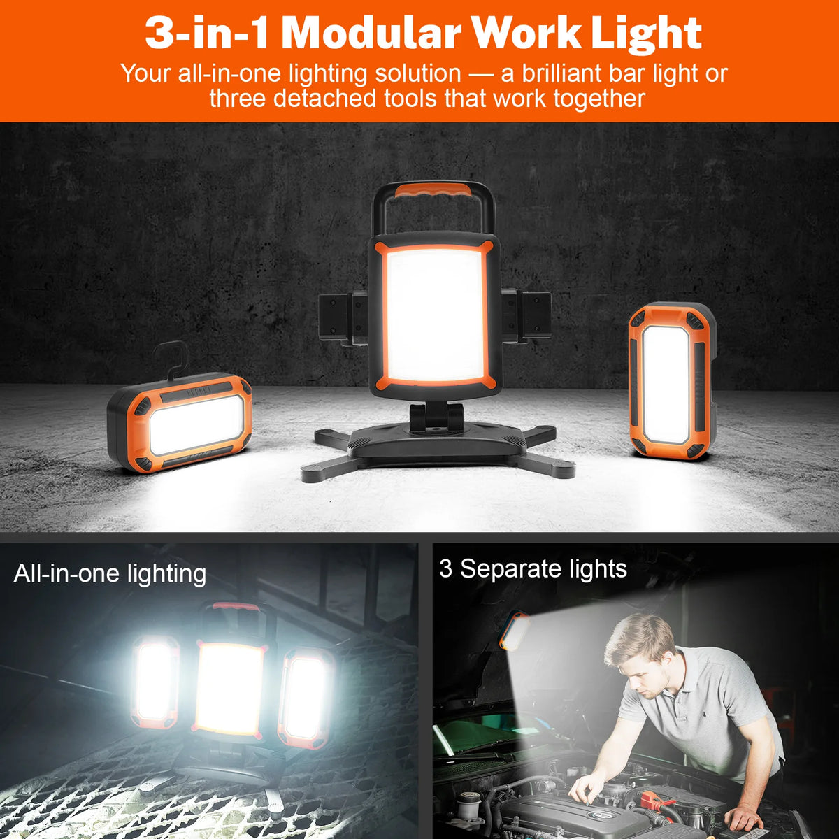 MIXJOY Modular Rechargeable LED Work Light With Magnetic Base Hooks