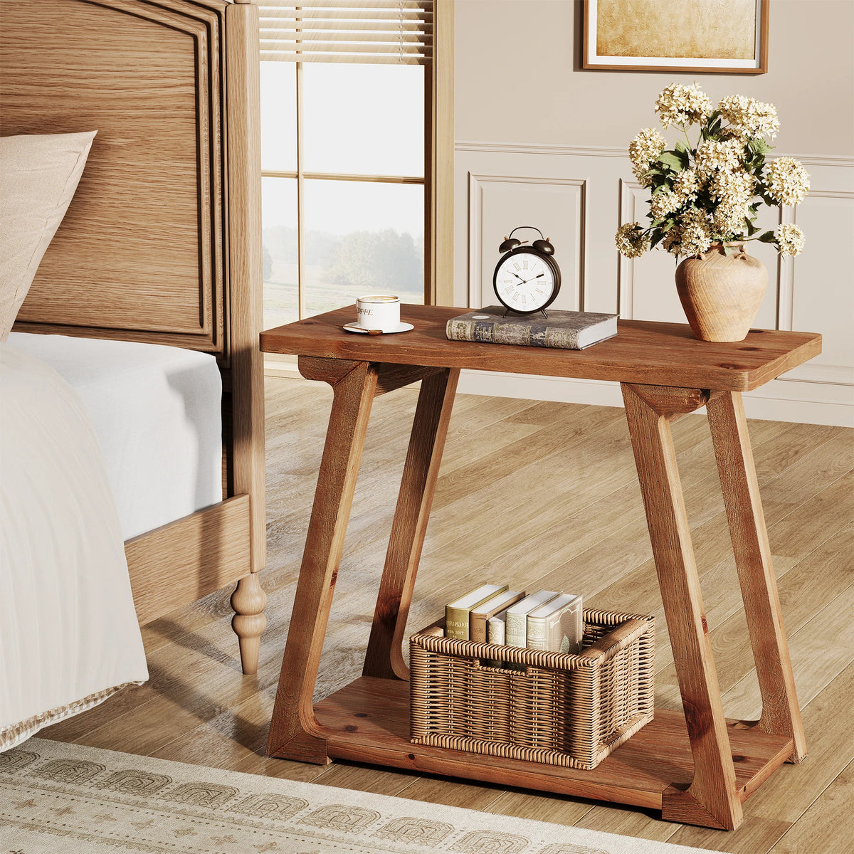 Tribesigns Two Tier Solid Wood Farmhouse End Table for Bedroom Use