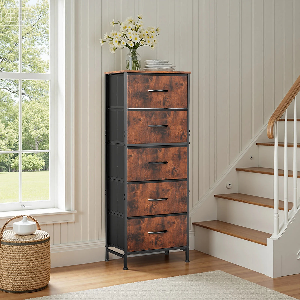 JHK Modern Bedroom Dresser With Five Fabric Drawers