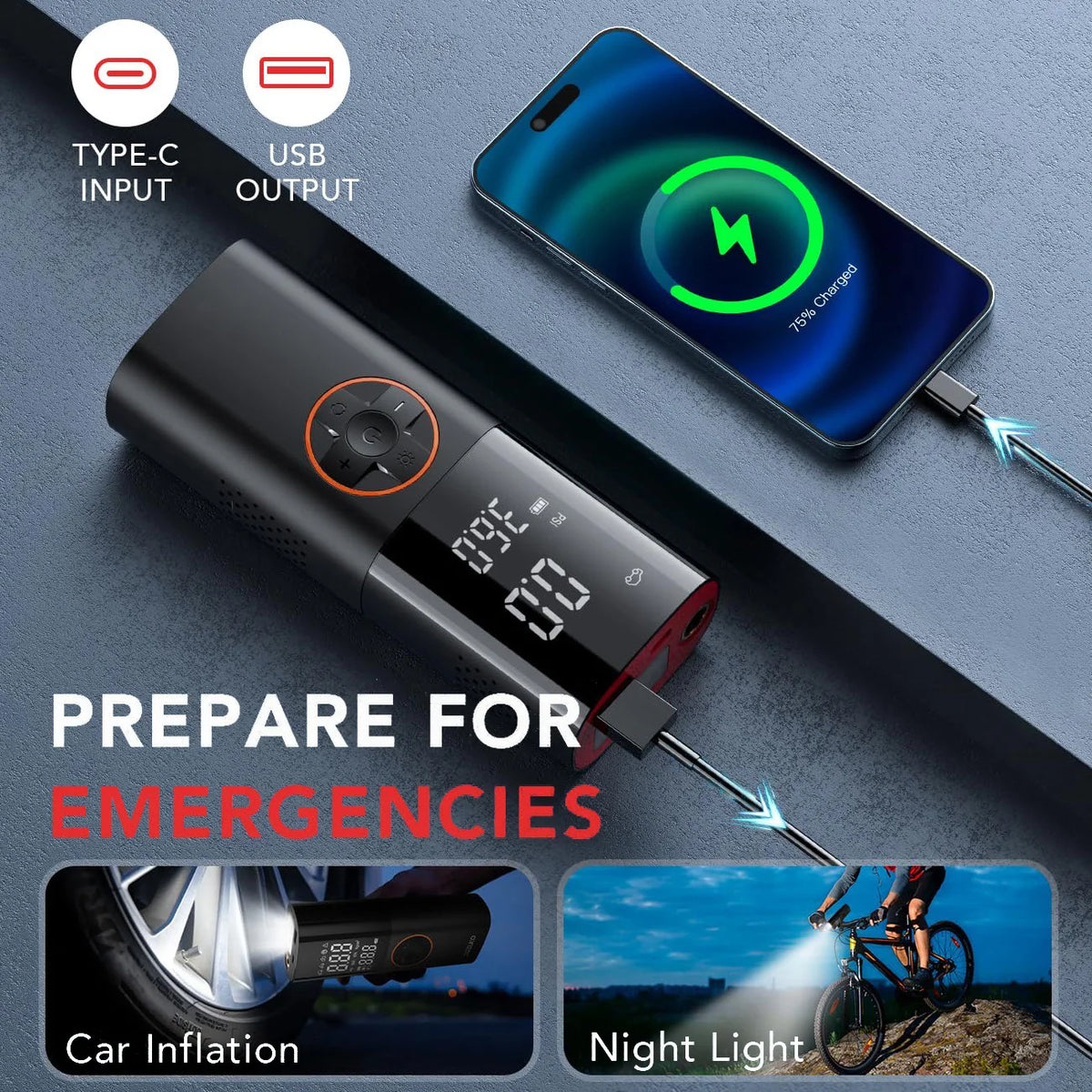 Rechargeable Portable Tire Inflator With Digital Pressure Gauge