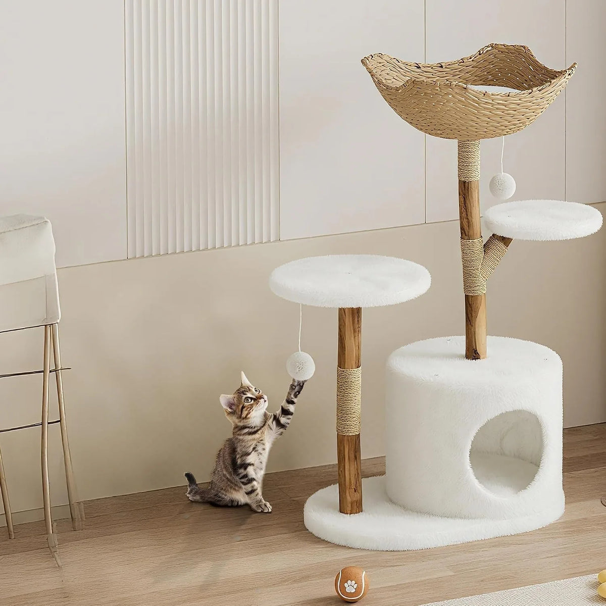 Wooden Cat Tree Tower With Rattan Multi-Level Activity Center