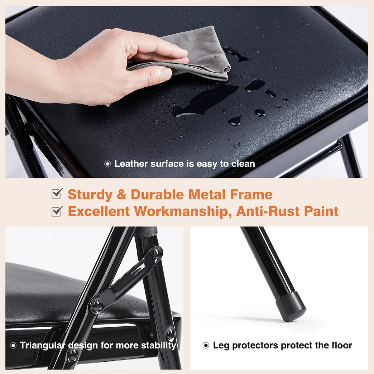 JHK Faux Leather Padded Folding Chair With Sturdy Metal Frame