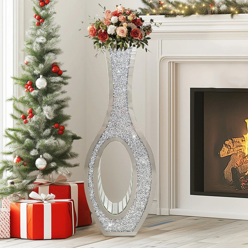 Modern Mirrored Glass Floor Vase With Crush Diamond Decorative Finish