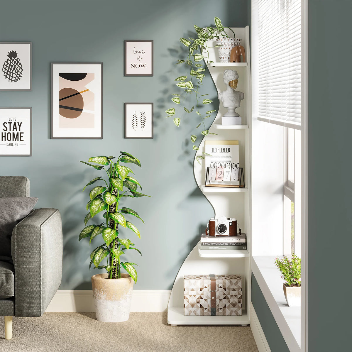 Tribesigns Modern Five Tier Corner Shelf Wall Storage Bookcase