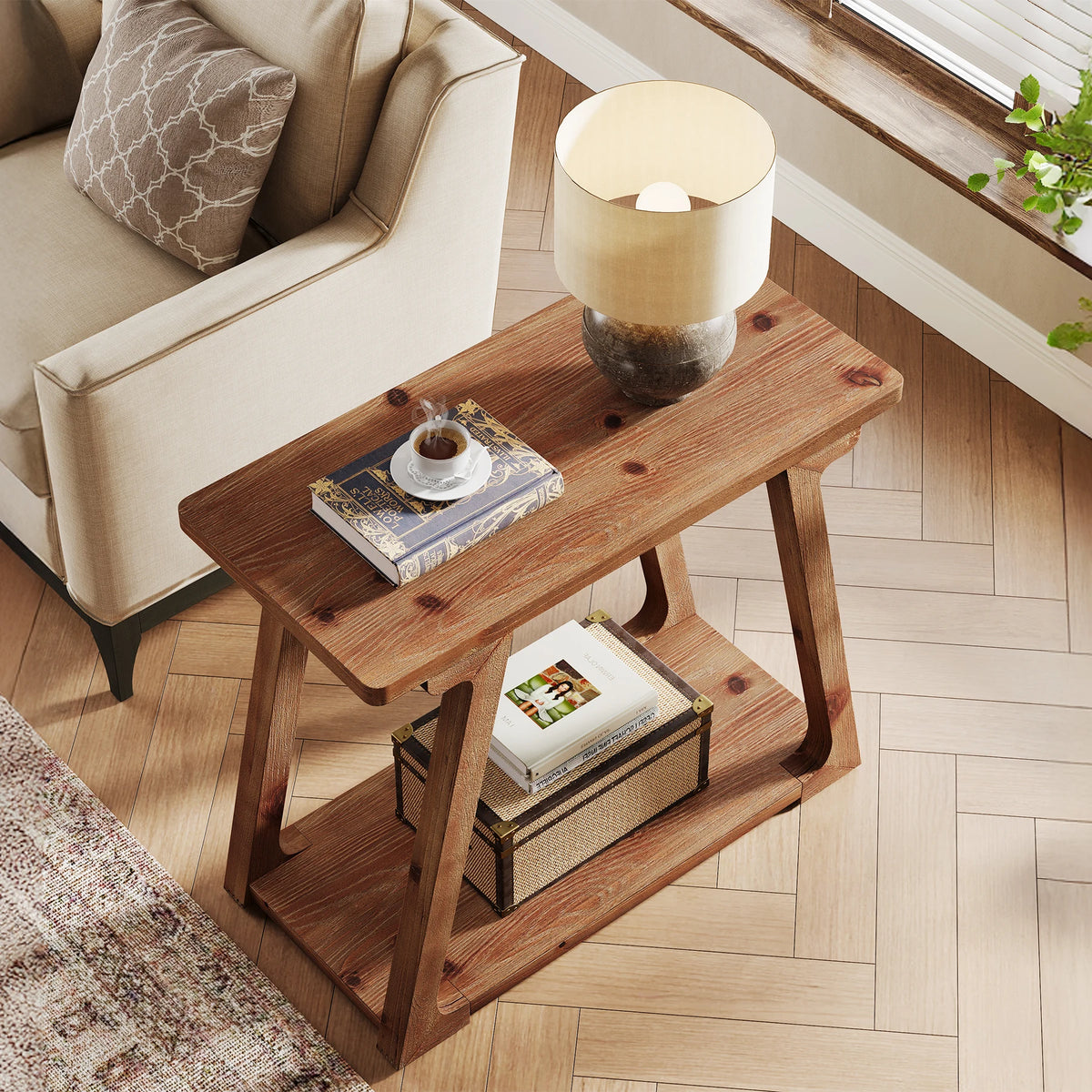 Tribesigns Two Tier Solid Wood Farmhouse End Table for Bedroom Use