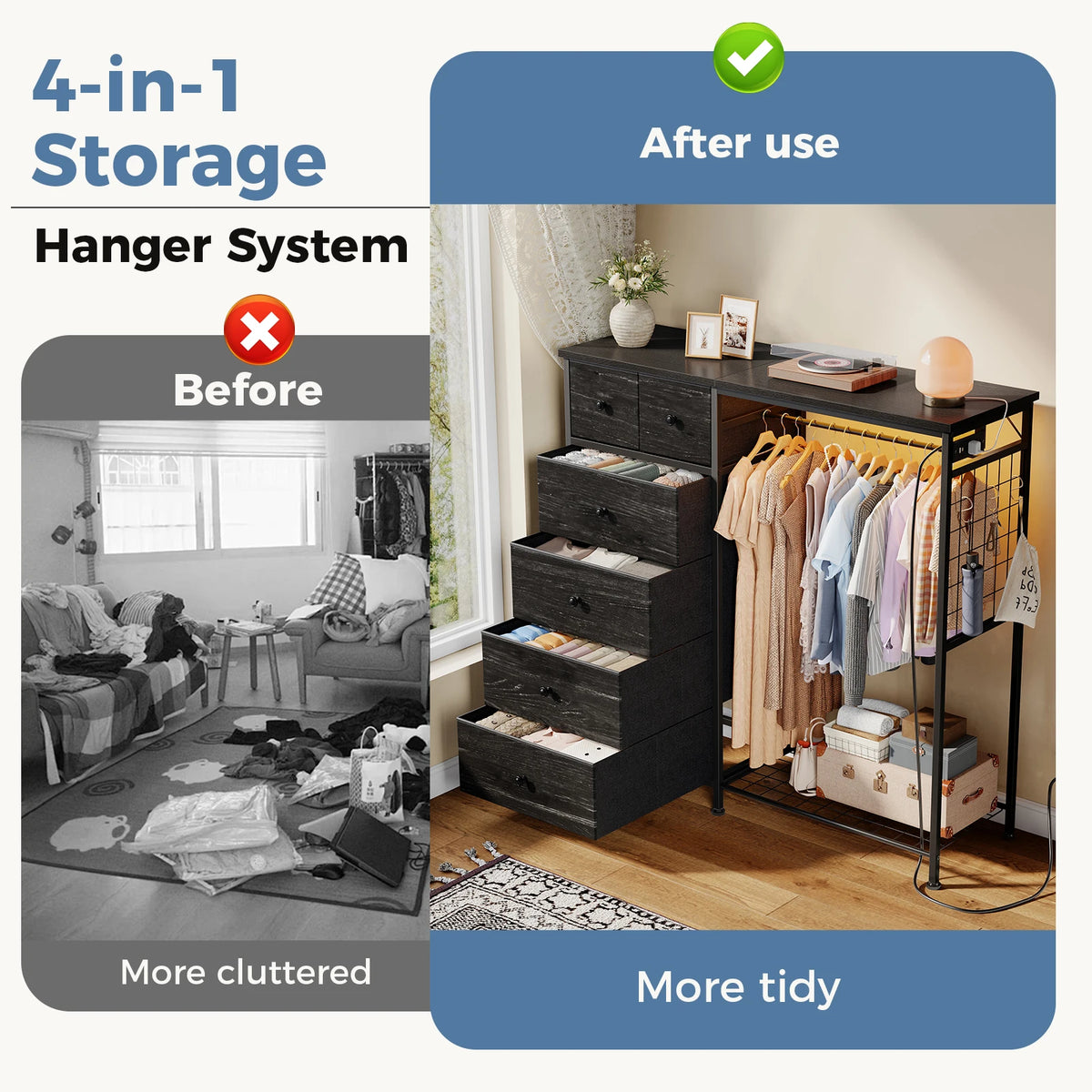 JHK Fabric Dresser With Hanging Rack And LED Charging Station