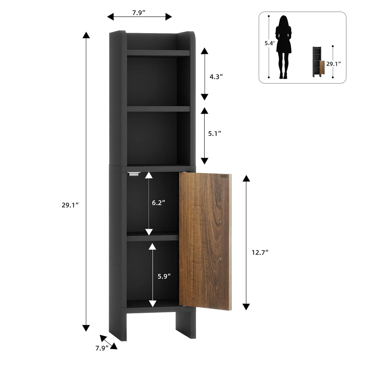 Slim Corner Bathroom Storage Cabinet Wood Fluted Door Adjustable Shelves