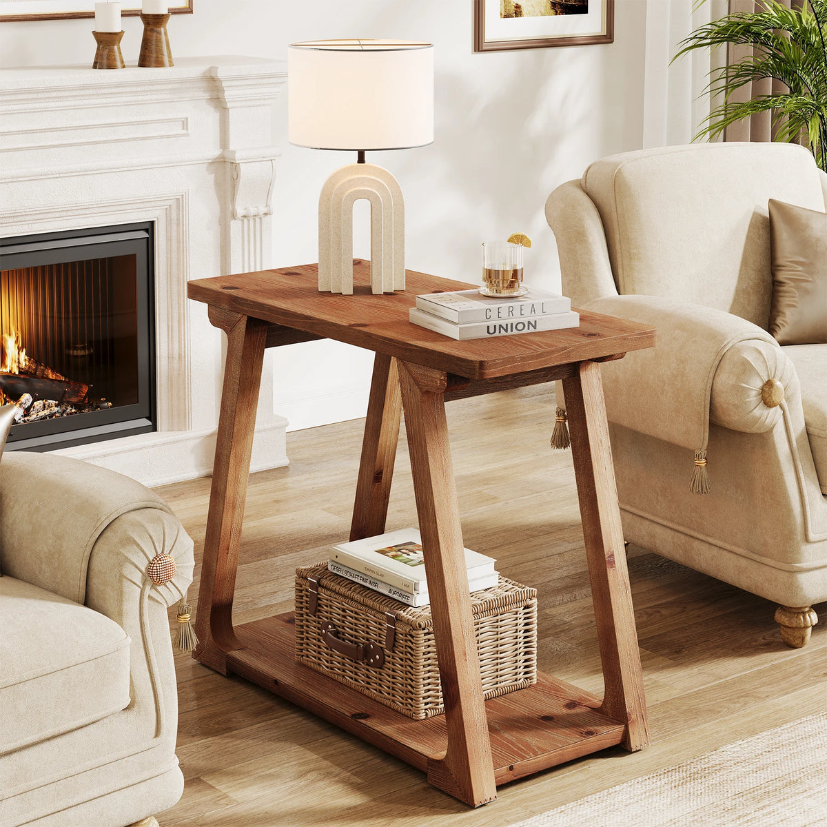 Tribesigns Two Tier Solid Wood Farmhouse End Table for Bedroom Use