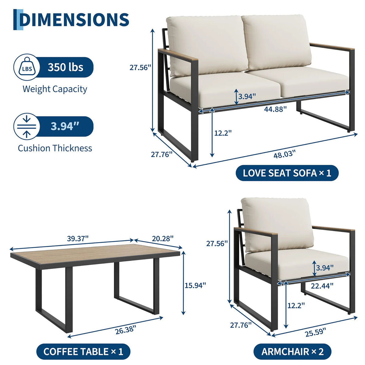 HiMISS Modern Outdoor Patio Conversation Sofa Set With Coffee Table
