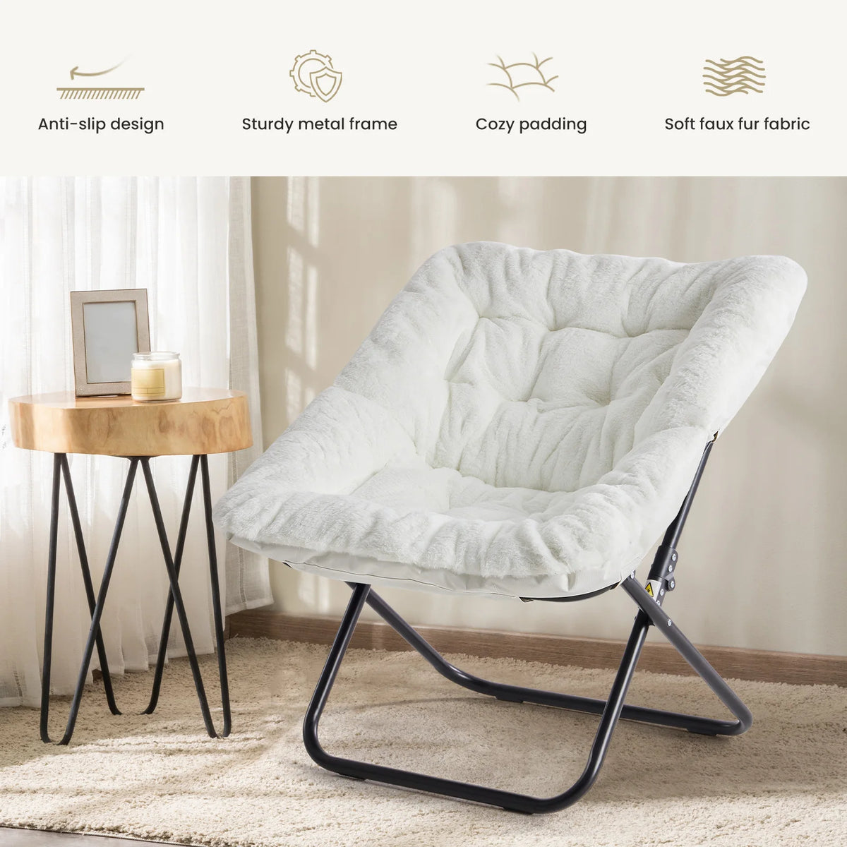 JHK Cozy Faux Fur Folding Saucer Chair For Comfortable Lounging